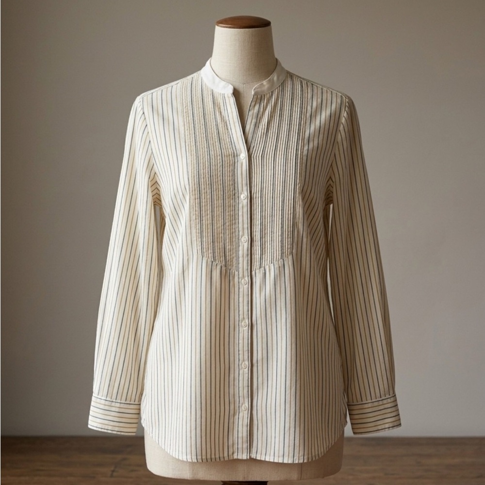 Lauren Ralph Lauren Cream and Navy Striped Button-Up Blouse